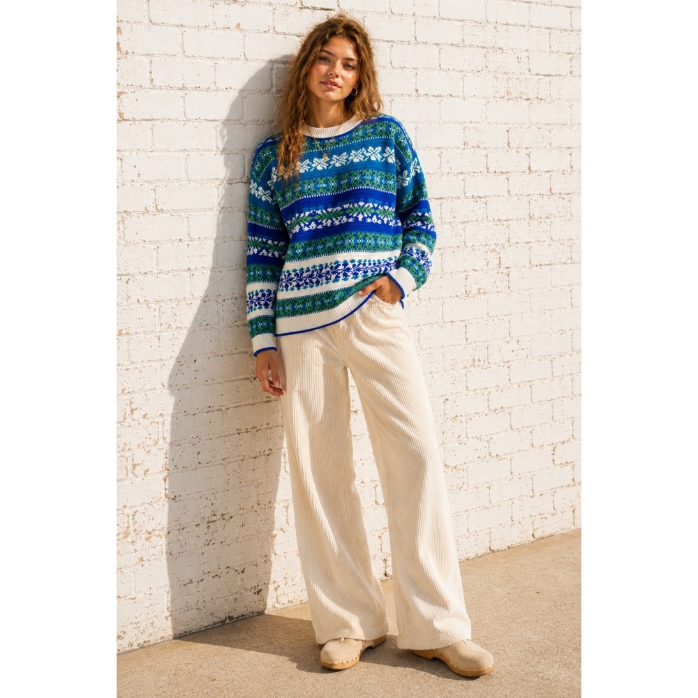 Vintage‎ Arielle Blue Green Knit Fair Isle Snowflake Sweater Ski Winter Medium